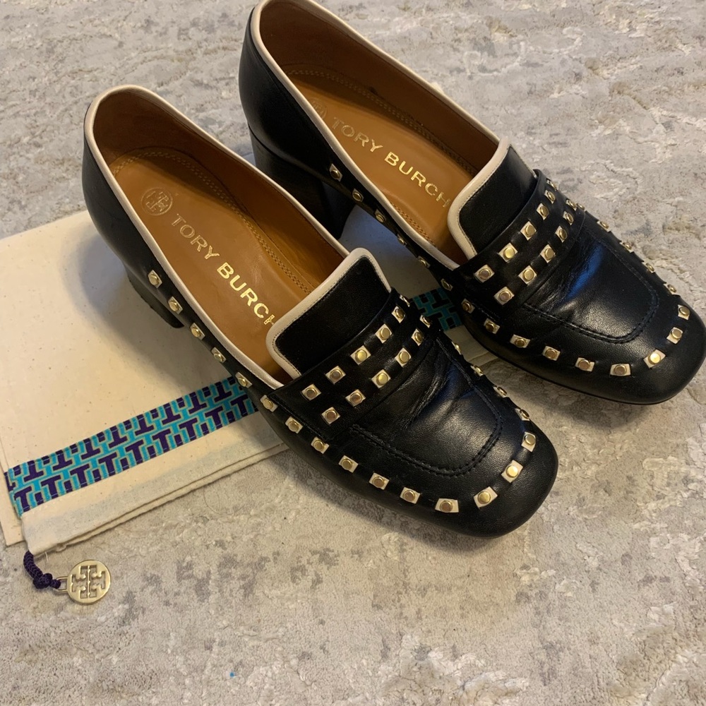 Tory Burch Black Studded Loafers with Gold Details - Picture 8 of 10